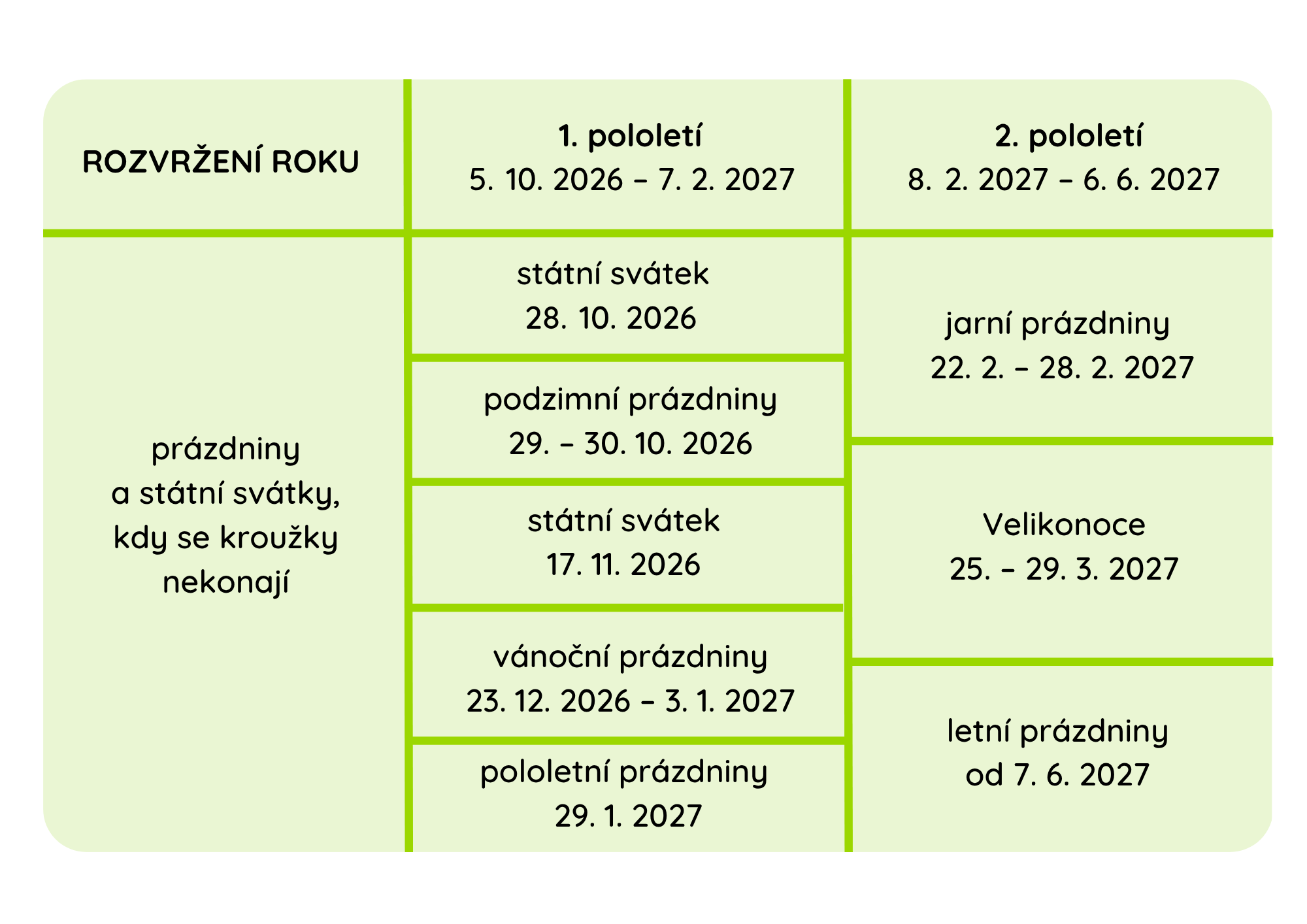 tabulka s rozvrhem školního roku kroužků