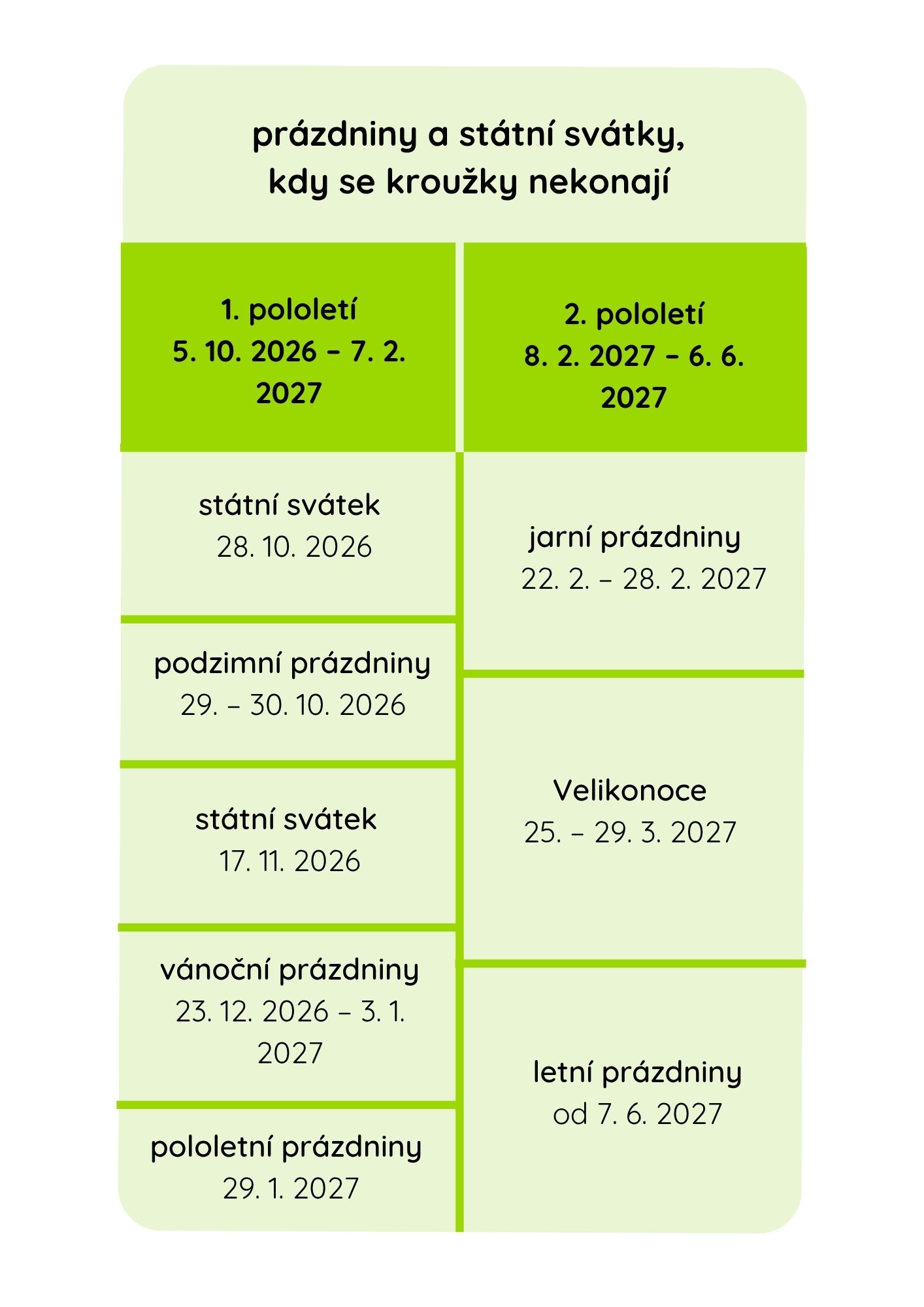 tabulka s rozvrhem zájmových kroužků